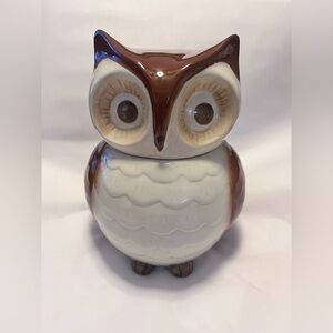 Rare Discontinued Cost Plus World Market Ceramic Owl Cookie Jar Brown and Cream